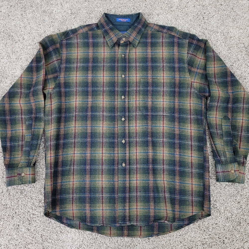 Vintage Pendleton Plaid Wool Button Down Shirt Mens Large Made In USA